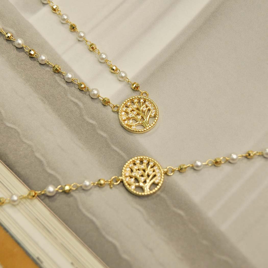 Pulseira Perolas Árvore da Vida banhado a Ouro 18k