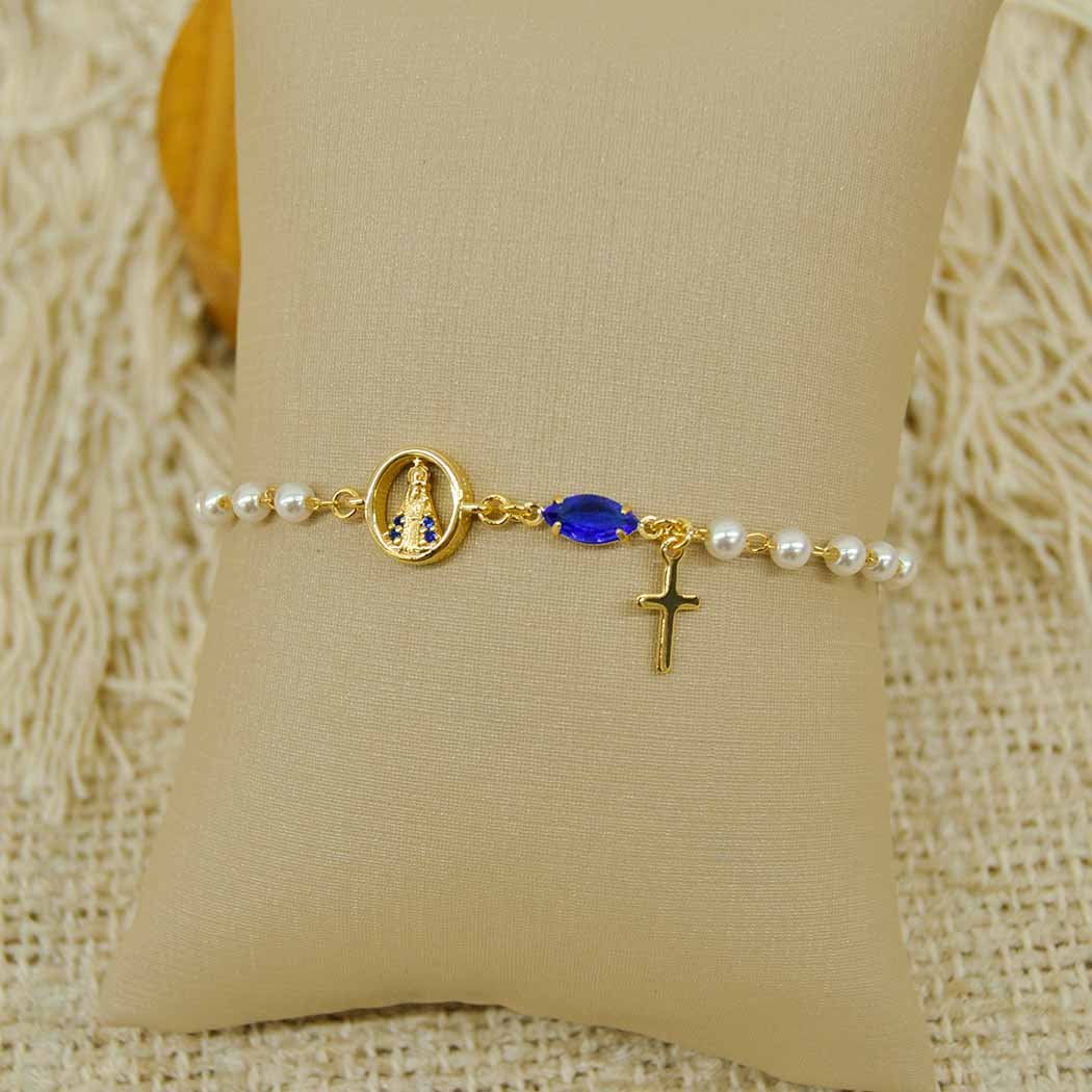 Pulseira Pérolas Nossa Senhora Aparecida com Zircônias banhado a Ouro 18k