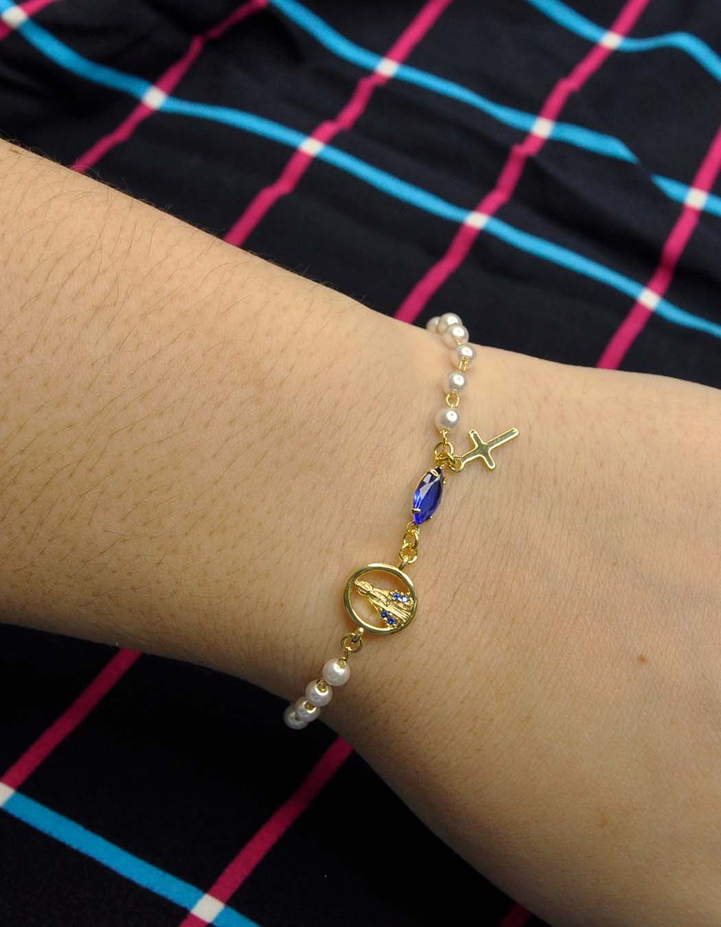Pulseira Pérolas Nossa Senhora Aparecida com Zircônias banhado a Ouro 18k