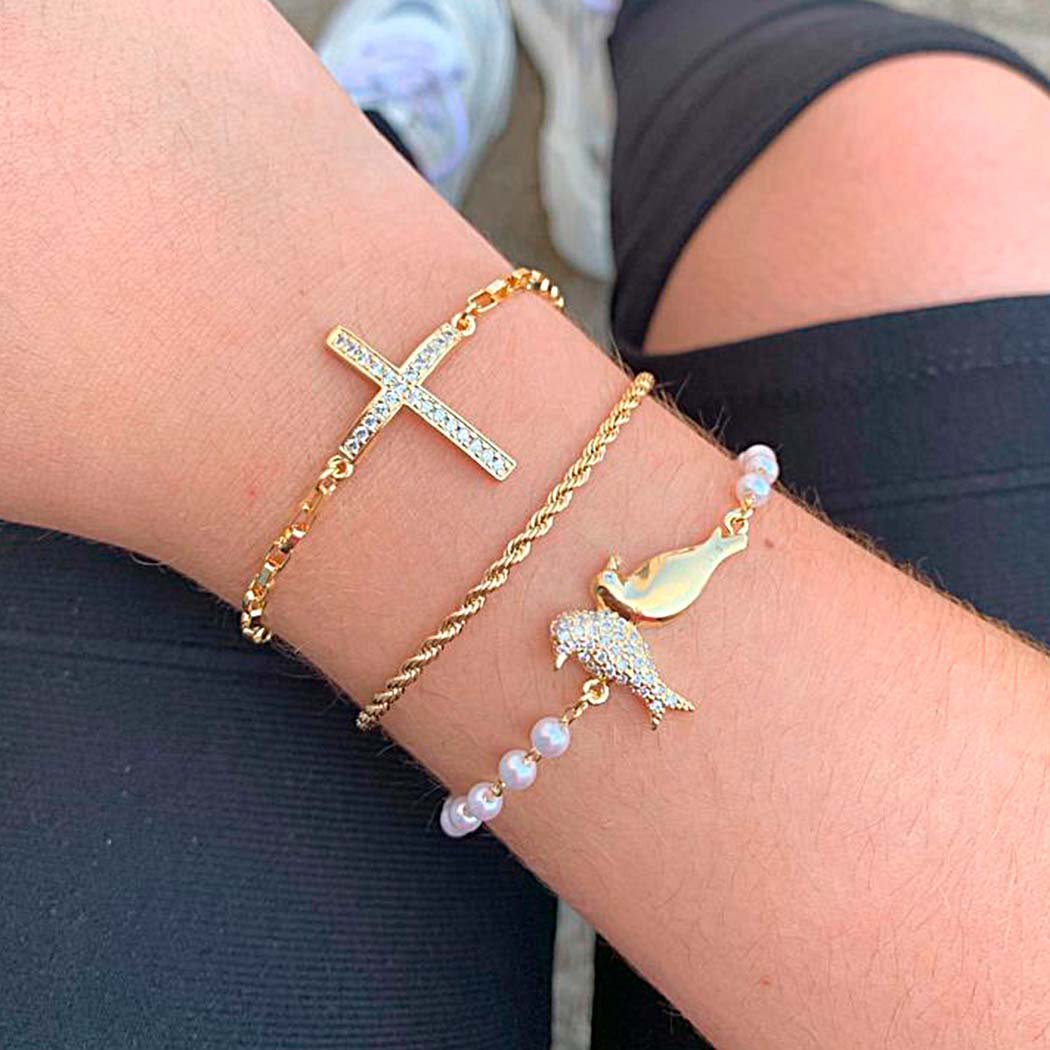 Pulseira Pérolas Pássaros Zircônias banhado a Ouro 18k