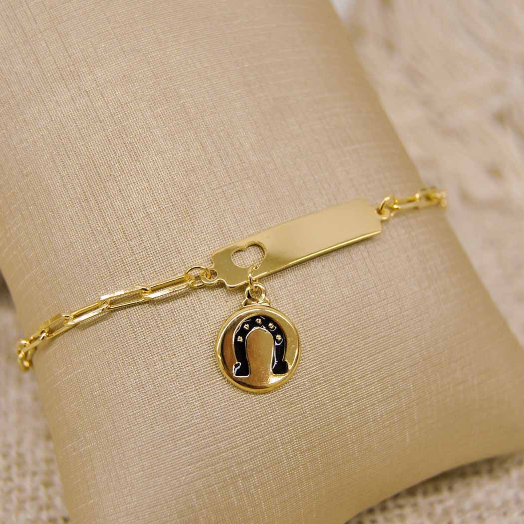 Pulseira Placa e Medalha Ferradura Cartier banhada a Ouro 18k