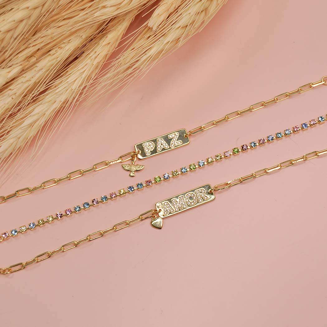 Pulseira Placa PAZ Zircônias banhado a Ouro 18k