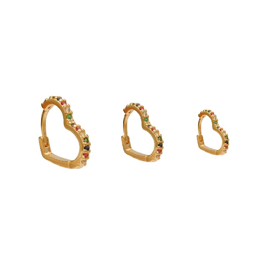 Trio Argolinha Coração Zircônias Colorida banhado a Ouro 18k